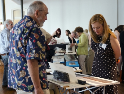 Wendy Hawkes checks out work by Edward Nowak. Photo: Stephen Perloff.